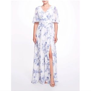 MARCHESA Notte Bridesmaid Maxi Dress Size 2 White ROME Floral Gown in Dusty Blue